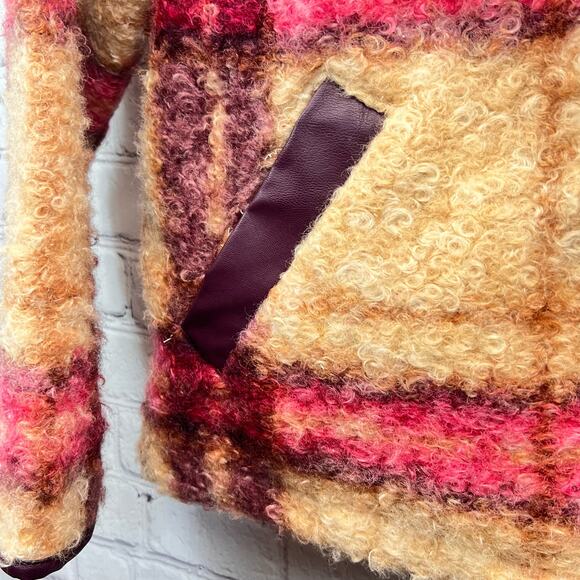 Knox Rose Plaid Teddy Short Jacket Coat Maroon Tan M Button Front Grandpacore - Picture 7 of 10